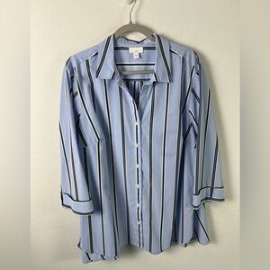 J. Jill Striped Blue & White Cotton Blend Tunic Button Down
